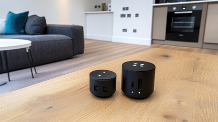 A three-pin plug connected to a socket, with a smart home device in the background