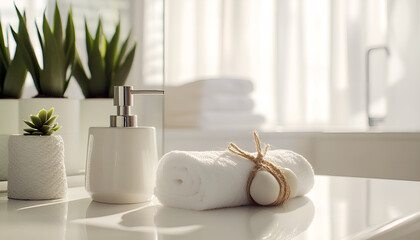Ceramic soap, towel, copy space on blurred white spa background