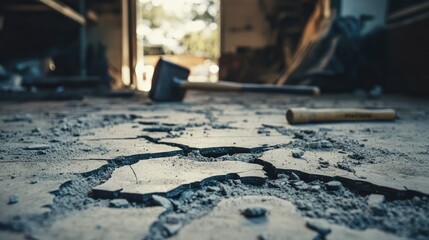 Close-up of a cracked tile on a dusty garage floor, with a hammer and nails in the background