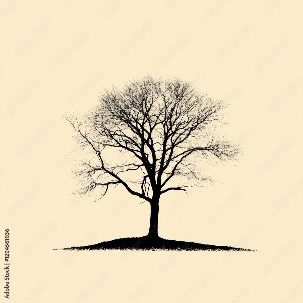 Aufkleber Silhouetted tree stands alone on a gentle hill at sunset with a warm background color enhancing its outlines. Generative AI