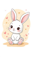 Obraz premium Adorable baby bunny sitting on floor with pink hearts background, sweetness