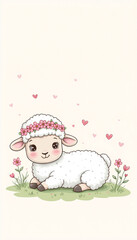 Adorable sheep lying in a field with flower crown, heartwarming design