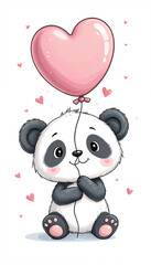 Naklejka premium Cute baby panda holding heart-shaped balloon, love and joy