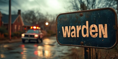 Sign Reflecting 'Warden' with Blurred Background Featuring an Emergency Vehicle with Flashing...