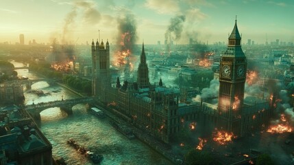 Fototapeta premium In a dystopian London, Big Ben burns fiercely, enveloped in smoke and flames, with a hazy sunset as the backdrop