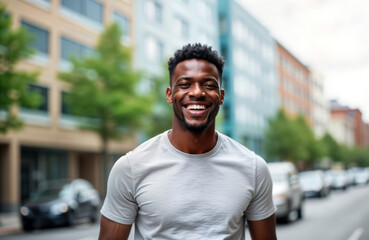 Fototapeta premium Happy African American man smiles at camera outdoors on city street. Man wearing casual attire. Urban setting background with buildings, cars. Positive emotion, freedom, happiness concepts. Lifestyle
