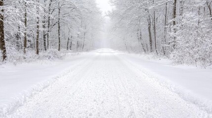 Snow-covered path through winter forest, tranquil scene, nature background, perfect for winter travel brochures
