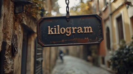 Rustic street sign displaying the word "kilogram" hanging in an old European alley bustling with nostalgic charm and evocative atmosphere