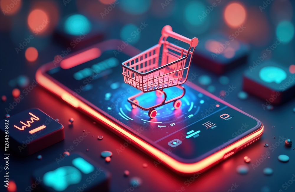 Poster futuristic mobile shopping tech. smartphone displays digital shopping cart. online purchase interfac