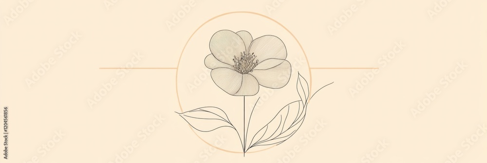 Poster Line art of a delicate flower with leaves on a soft beige background in minimalist style. Generative AI