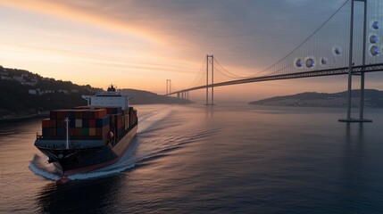 Fototapeta premium A large cargo ship is traveling through a body of water with a bridge in the background. The scene is serene and peaceful, with the ship moving steadily through the water