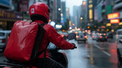 A man in a red helmet rides a motorcycle in a city street. The man is wearing a red jacket and a red backpack. The man is looking ahead
