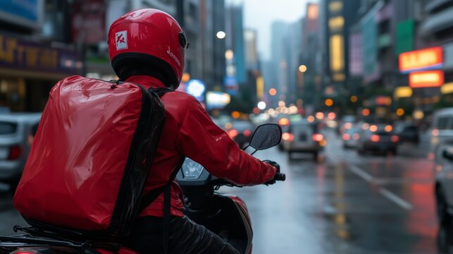 A man in a red helmet rides a motorcycle in a city street. The man is wearing a red jacket and a red backpack. The man is looking ahead