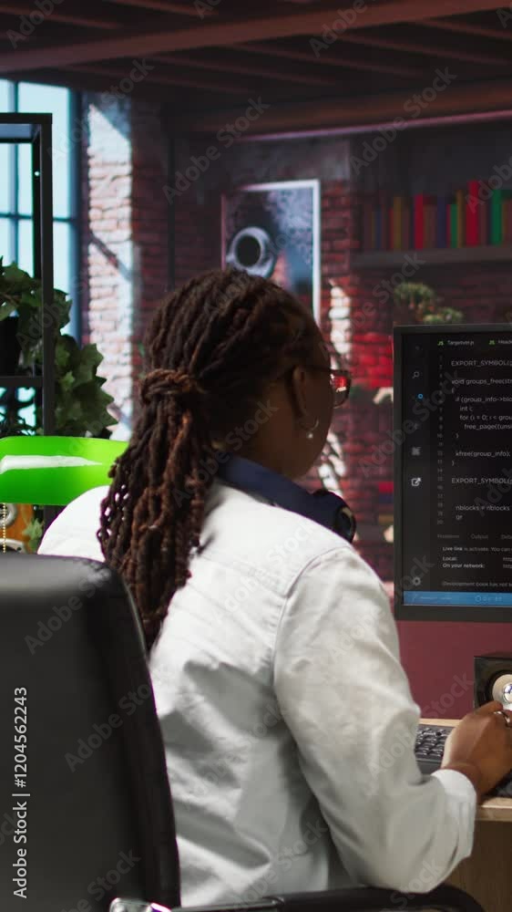 Poster vertical video admin uses computer for artificial intelligence computing simulation, waiting for cod
