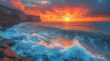 Fototapeta premium Fiery Sunset over Dramatic Coastal Cliffs and Crashing Waves