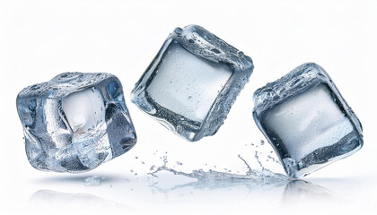 Obraz premium three flying ice cubes falling isolated on white background clipping path