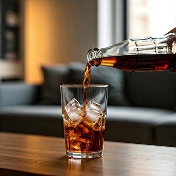 Pouring Coce from a bottle into a glass, with the fizzy bubbles rising, creating a refreshing and dynamic scene.

