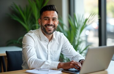 Happy young professional business man working on laptop in office. Sitting at desk smiling at camera. Modern tech workplace. Successful entrepreneur manager. Indoor shot. Casual attire. Online
