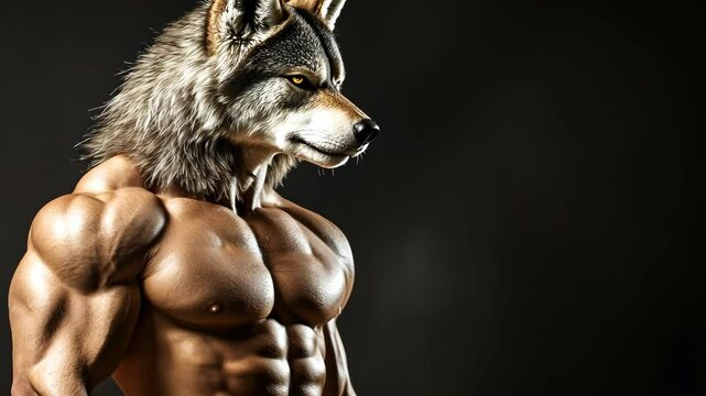 Muscular anthropomorphic wolf figure posed dramatically against a dark background