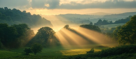 Obraz premium Sunbeams illuminating misty valley at sunrise.