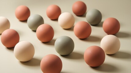 A collection of decorative eggs in muted tones of green, pink, and beige arranged artistically on a soft-colored surface.