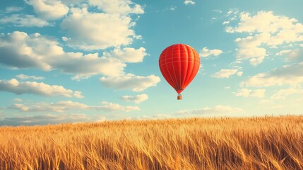 Obraz premium Red hot air balloon floating over the golden wheat field