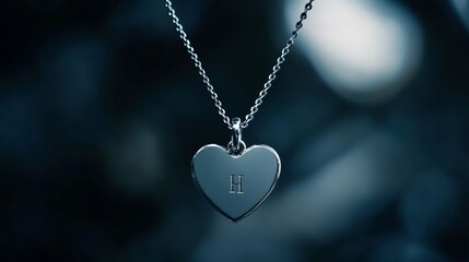 A heart-shaped pendant with an engraved "H" hangs elegantly against a soft-focus background, evoking mystery and intimacy.