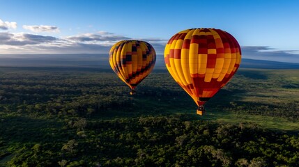 Obraz premium Aerial View of Two Hot Air Balloons Soaring Over Lush Green Landscape Under a Clear Blue Sky
