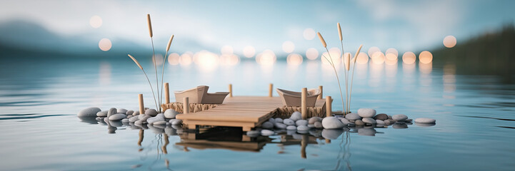 Serene Lakeside Dock with Boats Stones and Reeds at Dusk