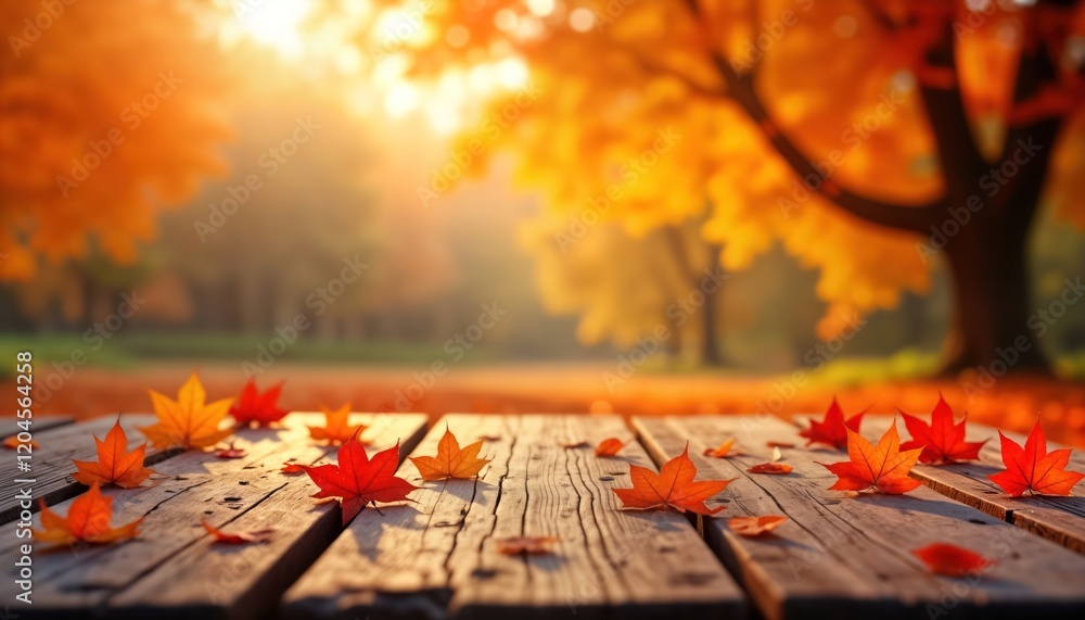 Aufkleber autumn scene. rustic wooden table top. bright autumn leaves. blurred background of park trees. cozy 