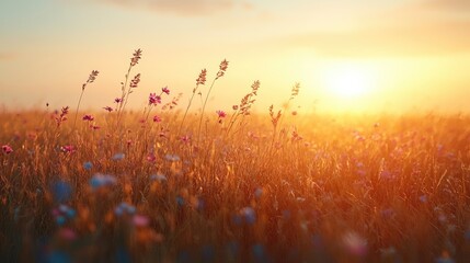 Vibrant sunset illuminating a wildflower field with soft breeze and colorful blooms