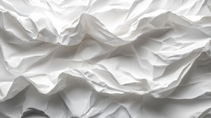 Crumpled white paper texture showcasing intricate folds and shadows, ideal for backgrounds or designs
