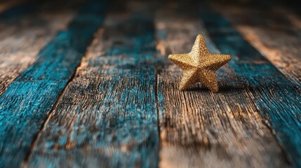 Golden star on rustic wooden background; holiday, winter, decoration