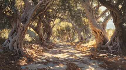 Obraz premium Sun-Dappled Path Through Ancient Olive Grove