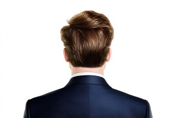 Elegant man in a suit with stylish hair, facing away against a plain background, suggesting professionalism