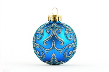 Elegant blue Christmas ornament with intricate golden patterns against a white background
