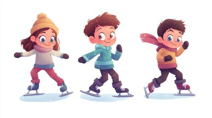 Cartoon style happy child doing ice skating.