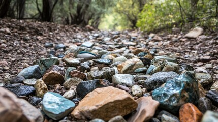 Serene Trail of Colorful Stones: A Rocky Path Through a Tranquil Forest