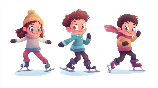 Cartoon style happy child doing ice skating.