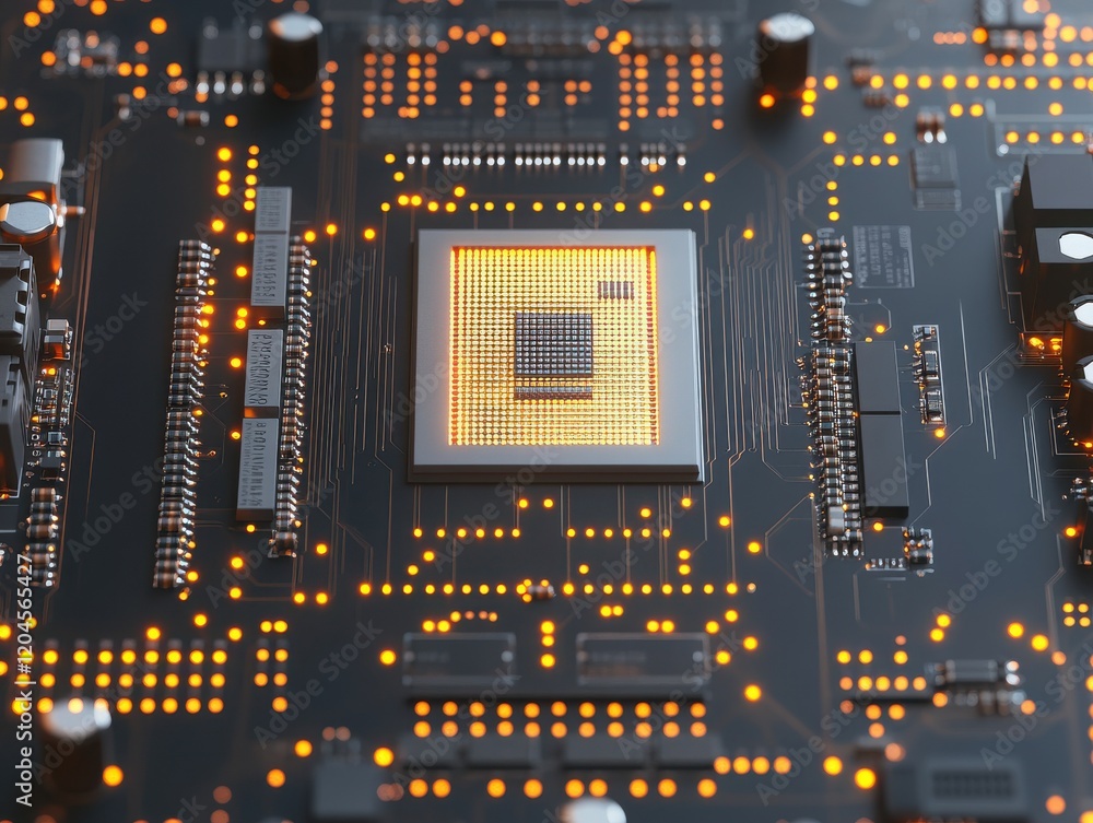 Poster a close-up view of a modern microchip on a circuit board showcasing intricate details and glowing co