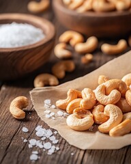 Fototapeta premium Cashew Nuts on Rustic Tabletop with Sea Salt