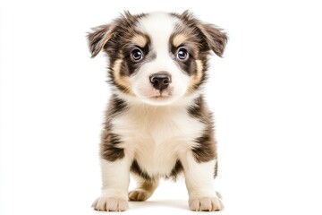 Obraz premium Adorable puppy standing against a white background, showcasing its playful expression and fluffy fur