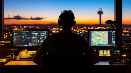 Airport Tower Operations with Backlit Silhouette at Dusk