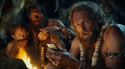 Primitive hunter-gatherers, wearing animal skins, use a digital tablet computer in a cave at night. They are browsing the internet, watching videos, and TV shows; this group could be Neanderthals or