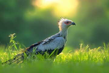 Fototapeta premium Majestic Bird of Prey in Lush Green Grass During Golden Hour, Showcasing Stunning Feather Details and Vibrant Colors in Natural Habitat