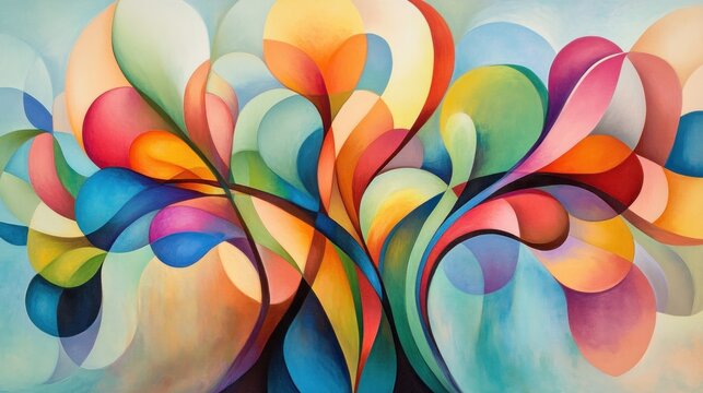 Abstract colorful painting of organic shapes and flowing lines, reminiscent of flowers or leaves.