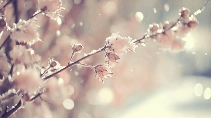 Snow Covered Delicate Winter Flowers Branch