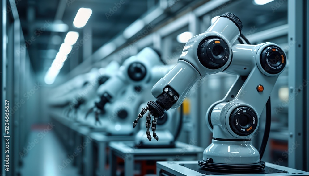 Aufkleber Advanced robotic arms operate in modern high-tech manufacturing facility. Automated assembly line with precision movements. Future tech innovation. Industrial robots perform complex tasks.