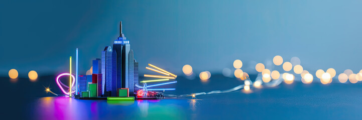 Illuminated Cityscape Model with Neon Lights and Bokeh