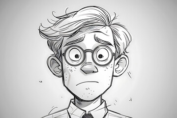 comic character design, a frustrated, nerdy-looking blond male professor with stubble, wire glasses, tie, and a thin face in a minimalist black and white cartoon